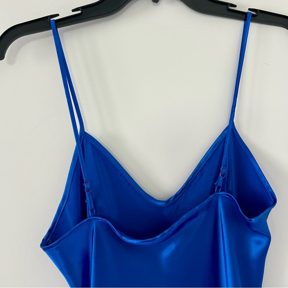 Vintage 1980s Lady Cameo of Dallas Electric Blue Satin Slip Dress w/ High Slit - Picture 9 of 14